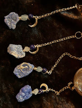 Load image into Gallery viewer, Druzy Crystal Tea Ball- Aqua Blue Aura Quartz Druzy Crystal, Lapis Lazuli and Aquamarine Beads, Mesh Tea Strainer